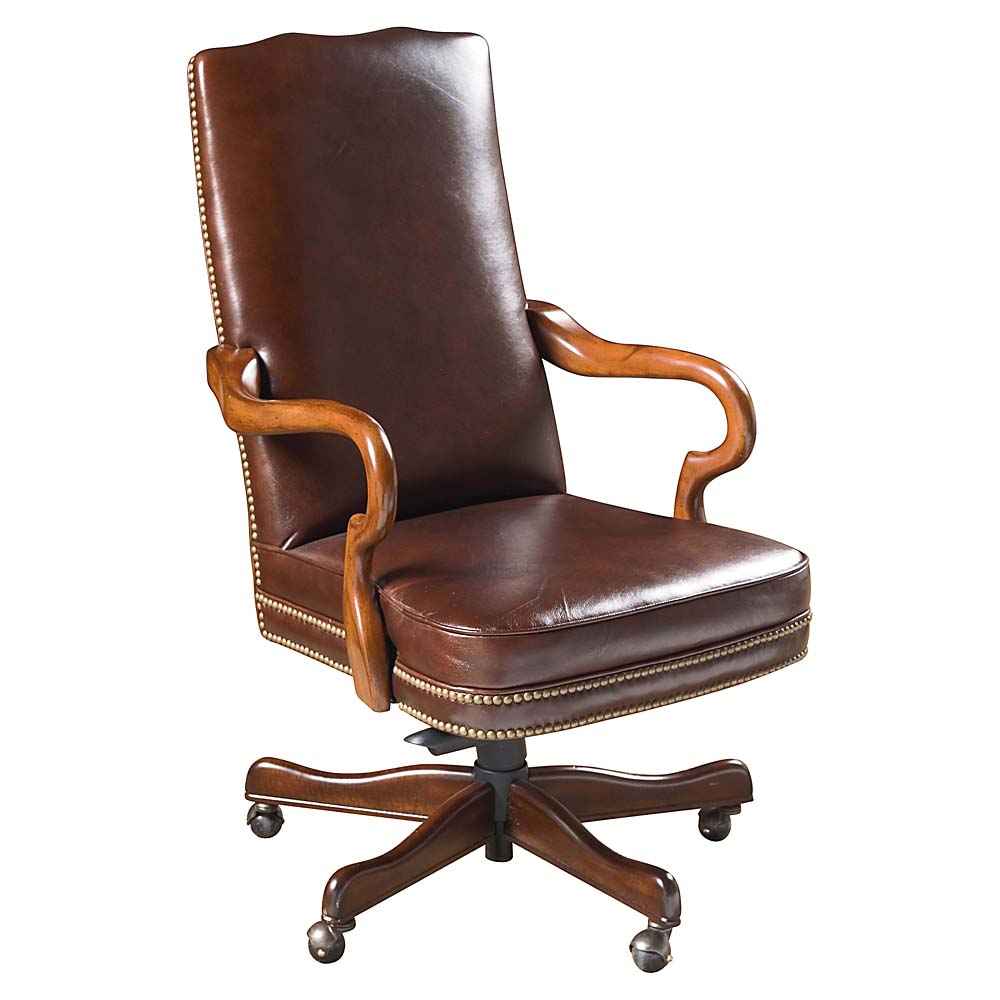 HIgh Back Brown Leather Chair With Handcrafted Wooden Arms 